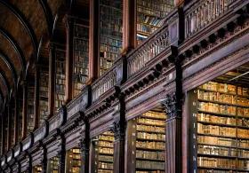 Dark wood library shelves with old books