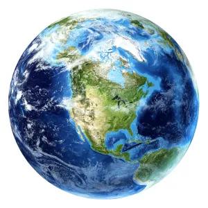 Satellite shot of the world, with North America in the centre and white clouds swirling above.