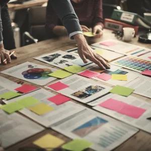 Various papers and post-it notes on table with people leaning in