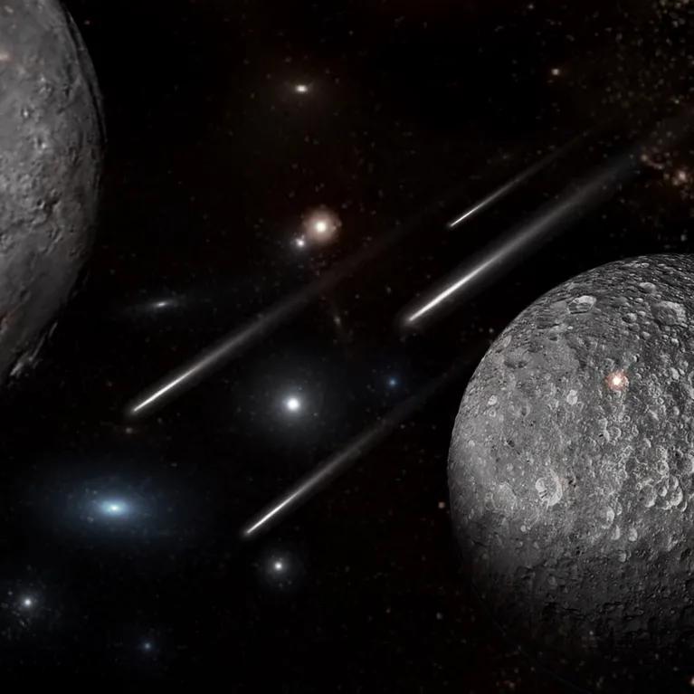Dark space scene featuring two large asteroids in the foreground, with shooting stars and distant stars scattered across the background