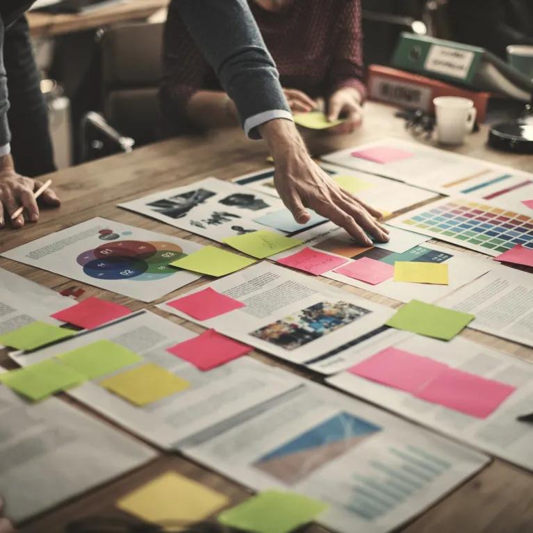 Various papers and post-it notes on table with people leaning in